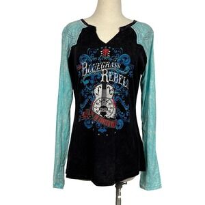Panhandle Bluegrass Rebels Graphic Tee XL Black Turquoise Long Sleeve Rhinestone